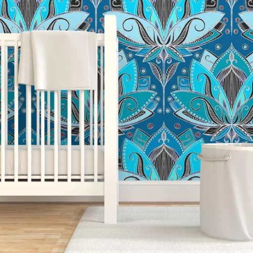 Miniatura 6 de Muestra de papel tapiz extraíble - Art Deco Lotus Teal Turquoise Negro Nouveau Retro Tea Geométrico Azul Aqua Papel pintado personalizado pre-pegado