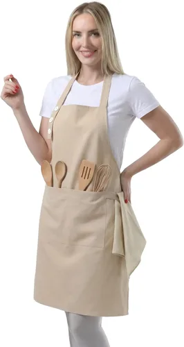 Miniatura 15 de TOSHE Delantal de cocina de algodón resistente a las gotas de agua con delantales ajustables para mujer con bolsillos, 10 opciones de color, Amarillo