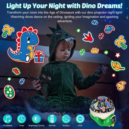 Miniatura 2 de Proyector de luz nocturna de dinosaurio para niños, juguetes verdes de dinosaurio para niños, luces de estrella con música y temporizador, lámpara
