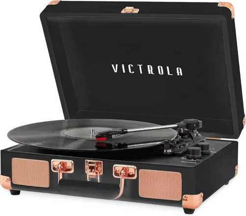 Miniatura 10 de Victrola Journey Tocadiscos Portátil de Maleta con Bluetooth – con Altavoces Integrados, Tocadiscos de Vinilo de 3 Velocidades, Salida RCA, Conector