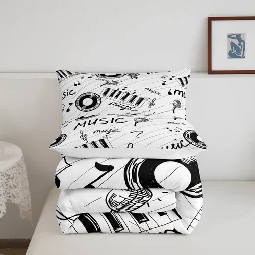 Miniatura 5 de Juego de edredón con temática musical, edredón de notas musicales en blanco y negro para niños y niñas, juego de ropa de cama musical