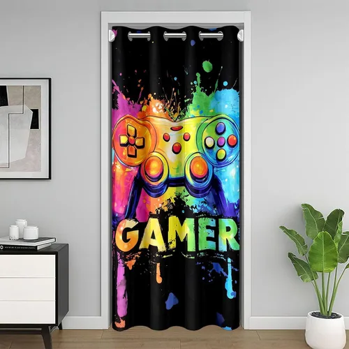 Miniatura 31 de Castle Fairy Cortina de puerta con estampado de consola de videojuegos de dibujos animados para privacidad de puerta, cortina geométrica de panal