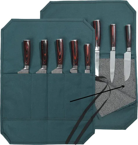Miniatura 7 de Bolsa de rollo de cuchillo de lona encerada resistente, bolsa portátil para cuchillos de chef, duradera (verde militar)