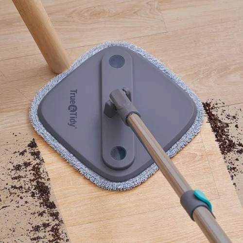 Miniatura 9 de Trapeador giratorio y cubo con compartimentos separados para agua limpia y sucia, versión mejorada 2025 con cepillo lateral y mango de pie, Gris