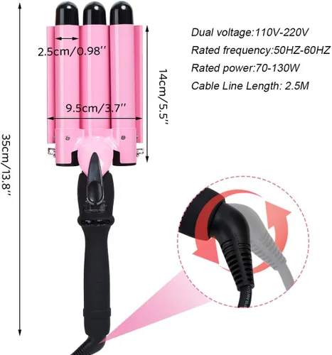 Miniatura 2 de Varita rizadora de turmalina de cerámica de 3 barriles triples con pantalla LCD de temperatura, rizador de 1 pulgada, doble voltaje Rosa