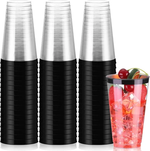 Norme 50 vasos de graduación negros de 16 onzas desechables de plástico para fiestas, vasos de vino para fiestas, vasos antiguos para café, boda,