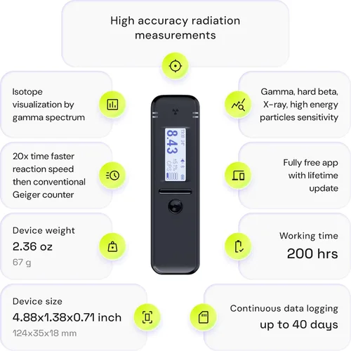 Miniatura 5 de Contador Geiger inteligente Radiacode-103 con aplicación móvil gratuita. Detector de radiación nuclear RC103 (8.4% FWHM)