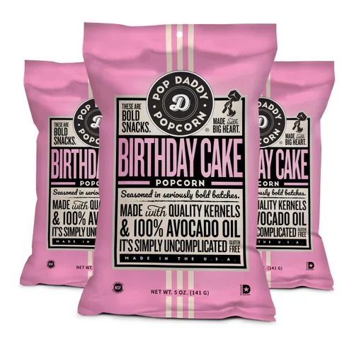 Pop Daddy - Palomitas de maíz con sabor a pastel de cumpleaños, granos sazonados a mano, aperitivos de palomitas de maíz sin gluten, bolsas