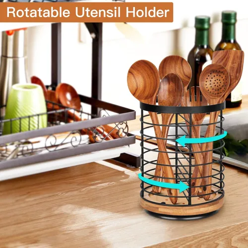 Miniatura 3 de Soporte para utensilios de cocina – 7.2 pulgadas grande giratorio para utensilios de cocina, base de madera + metal, organizador de espátula
