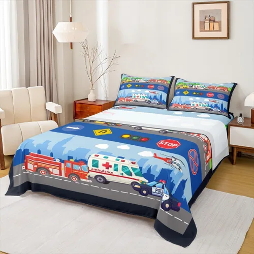 Juego de sábanas de vehículos de rescate, tamaño individual, juego de ropa de cama de ambulancia de coche de policía, camión de bomberos, decoración