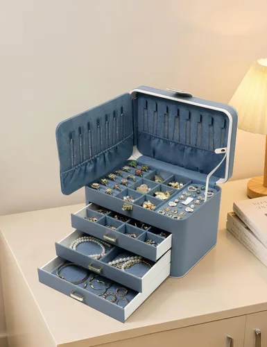 Miniatura 8 de KAMIER Joyeros para mujer, organizador de joyas de 4 capas con espejo, 3 cajones, caja de joyería grande para pulseras, aretes, anillos, collares