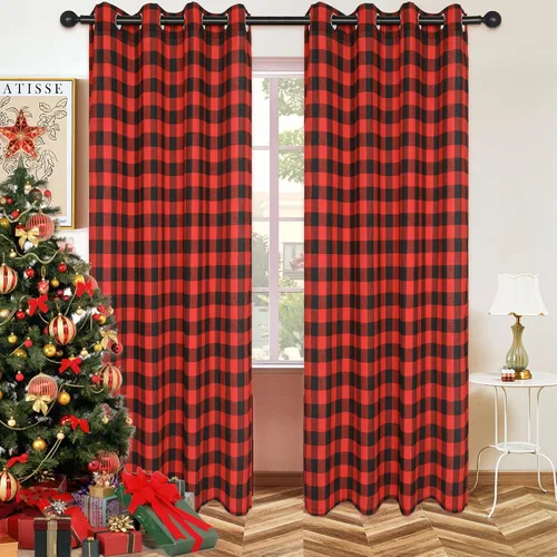 Cortinas a cuadros de búfalo para ventana de sala de estar, color rojo y negro, decoración del hogar, con ojales, filtro de luz, 2 paneles, 52 x 63