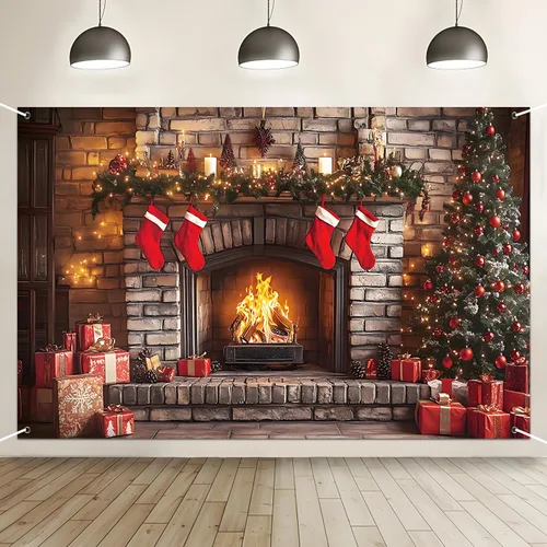 Telón de fondo de chimenea de Navidad, 5.9 x 3.6 pies, medias de árbol de Navidad de invierno, regalos de fondo para niños, pancarta de fiesta de
