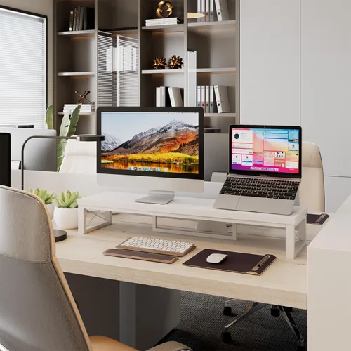 Miniatura 5 de IBUYKE Soporte elevador grande para monitor doble para 2 monitores, soporte de madera para monitor de computadora de escritorio, estante de Blanco