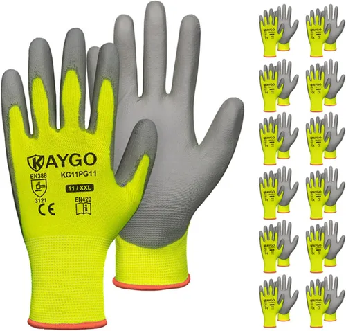 Miniatura 88 de KAYGO KG11PB - Guantes de seguridad con revestimiento delgado de poliuretano, tejido sin costuras, agarre suave en palma y dedos, para trabajo Verde