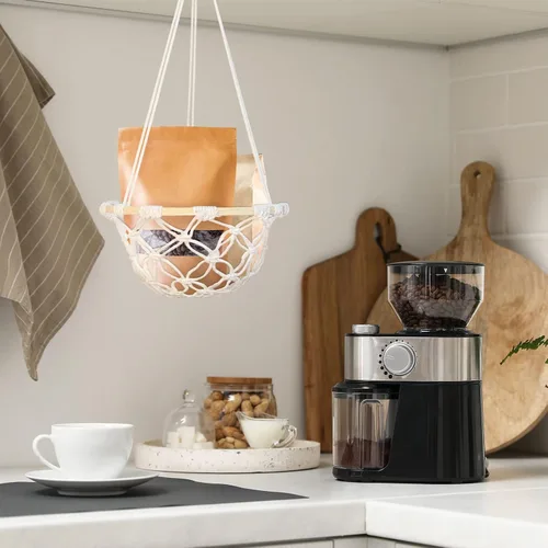 Miniatura 5 de Cesta de frutas colgante de macramé de un solo nivel, soporte bohemio para verduras para cocina, almacenamiento de alimentos con gancho, organizador