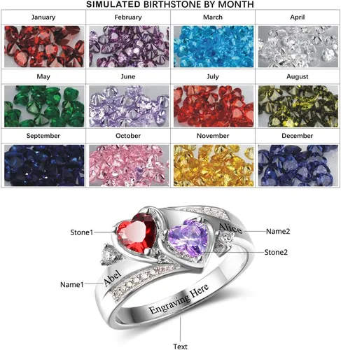Miniatura 3 de Anillo de plata de ley con piedras de nacimiento, anillos de piedra natal personalizados para mujeres, mamá, nombres grabados, anillos de promesa
