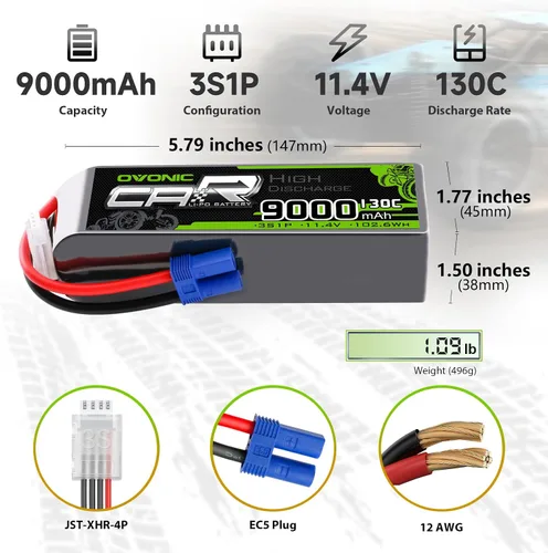 Miniatura 2 de OVONIC 3S LiPo Batería 9000mAh 11.4V Alto Voltaje 130C RC Batería con conector EC5 (paquete de 2)