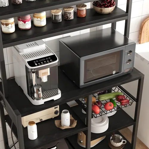 Miniatura 7 de Amyove Estante para panaderos con toma de corriente, barra de café con cajón de alambre, soporte para microondas, mesa de cocina con gran Negro