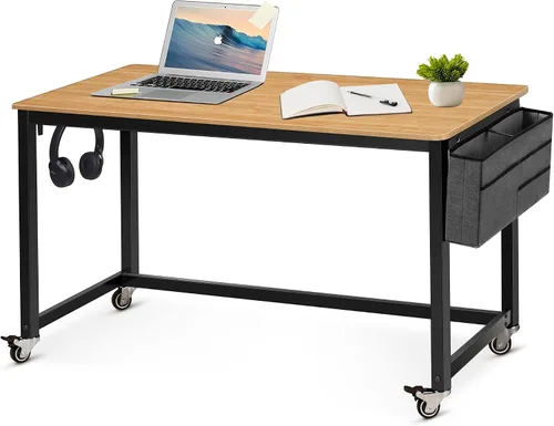 Miniatura 8 de AHB Escritorio para computadora con 4 ruedas lisas, escritorio móvil de estilo simple, mesa de estudio para oficina en casa, estación de trabajo
