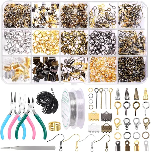 Miniatura 9 de Swpeet Kit de suministros para hacer joyas, 1617 piezas con 40 estilos, cuentas y dijes de 6 colores, alicates, alambres, pinzas y abridor de anillos