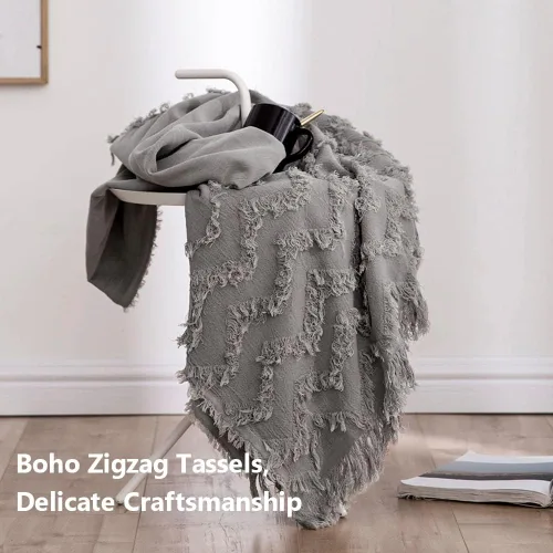 Miniatura 2 de Simple&Opulence Manta 100% algodón para cama, sofá, manta tejida en zigzag tejida bohemia con borlas, suave, ligera, transpirable, acogedora, Gris