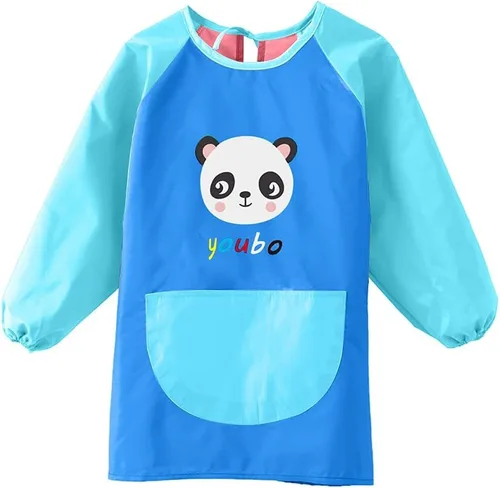 Delantal para pintar para niños, delantal con bolsillos para niños y niñas, impermeable, manga larga, delantal de artista, Azul Panda