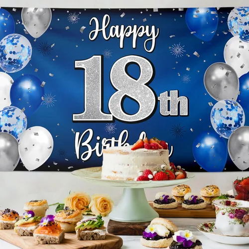 Miniatura 4 de Decoraciones de Feliz Cumpleaños Número 18, Globo Azul y Plateado Pancarta Grande de Cumpleaños Letrero de Fondo, Salud por Dieciocho Años 18º