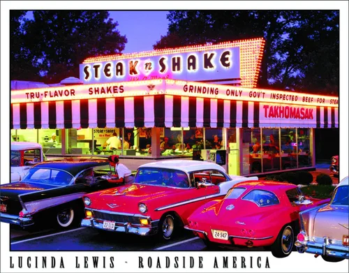 Desperate Enterprises Lucinda Lewis Roadside America - Letrero de lata de Steak n Shake - Decoración nostálgica de metal vintage para pared,