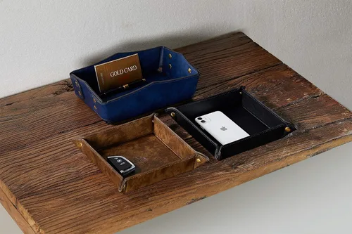 Miniatura 2 de OARIE Bandeja de cuero para mesita de noche, bandeja de almacenamiento, organizador de joyas para hombres, cartera para llaves, monedas, bandeja