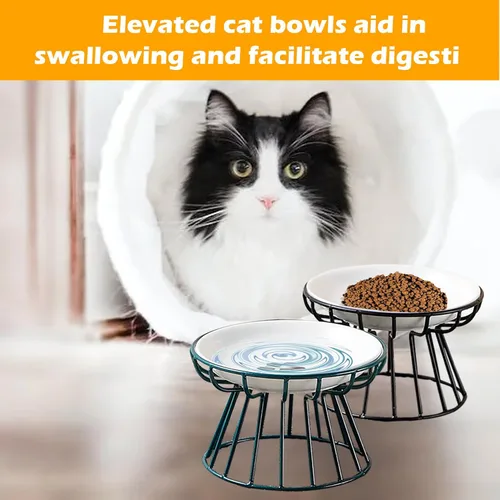 Miniatura 4 de Cuencos de cerámica para gatos con soporte de metal, paquete de 2 cuencos elevados para gatos elevados para gatos y agua para gatos de interior, 【2