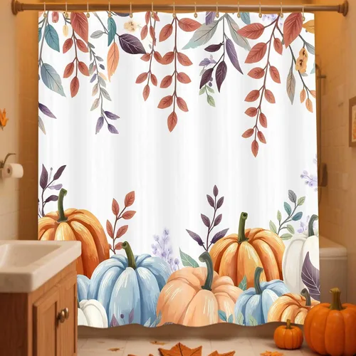 Miniatura 8 de Cortina de ducha de Acción de Gracias de otoño con pavo, juego de cortinas de baño de granja con flores de calabaza de otoño y cosecha, tela