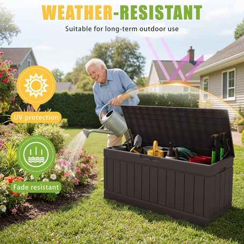 Miniatura 3 de Greesum Caja de almacenamiento para exteriores de 82 galones con tapa para muebles de patio, herramientas de jardín, suministros de piscina, Marrón