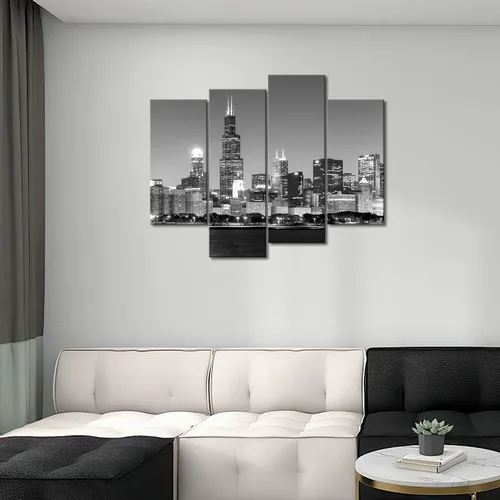 Miniatura 2 de 4 unidades de pintura de tela moderna arte de pared la imagen para la decoración del hogar, vista panorámica del horizonte de Chicago de noche