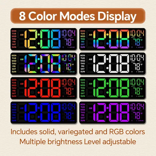 Miniatura 3 de Reloj de pared digital de 16 pulgadas con luz nocturna, reloj digital con control remoto de cambio de colores RGB, alarma doble, atenuador, DST Negro