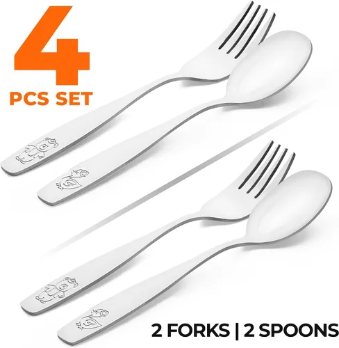 Miniatura 2 de Zulay Kitchen 4 utensilios para niños pequeños, juego de cubiertos de acero inoxidable para niños, tenedores y cucharas seguros para niños y niños