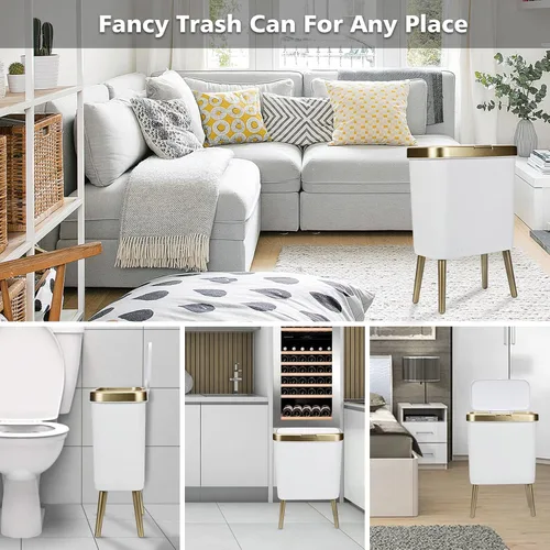 Miniatura 5 de Basurero de baño blanco y dorado, delgado con tapa, cubo de basura de cocina de 4 galones con patas, cesta de basura de plástico moderna