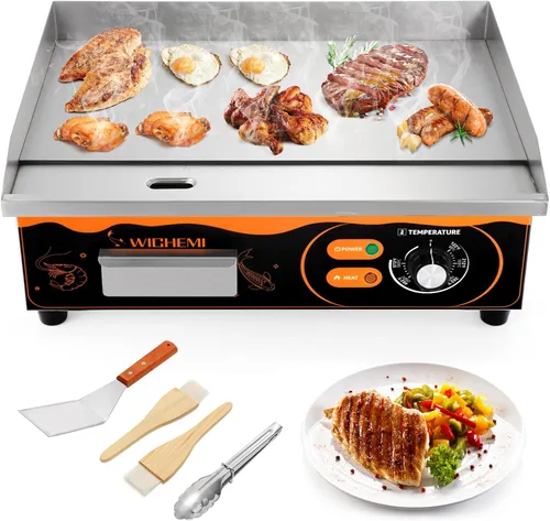 WICHEMI Parrilla eléctrica de 22 pulgadas, parrilla comercial para encimera, plancha plana placa caliente antiadherente de acero inoxidable