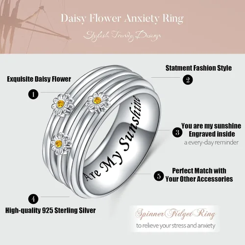 Miniatura 16 de Anillo giratorio para aliviar la ansiedad con margaritas You Are My Sunshine Flower Fidget Ring de plata esterlina TDAH para aliviar el estrés