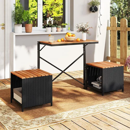 Miniatura 2 de Tangkula Mesa de bar convertible 3 en 1, mesa y sillas plegables para exteriores con marco de metal y ratán tejido, sofá biplaza de madera de acacia