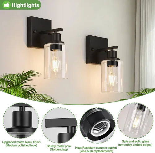 Miniatura 4 de Indoi Juego de 2 apliques de pared para baño, luces modernas de tocador negro mate con pantalla de vidrio transparente, lámpara de pared de baño