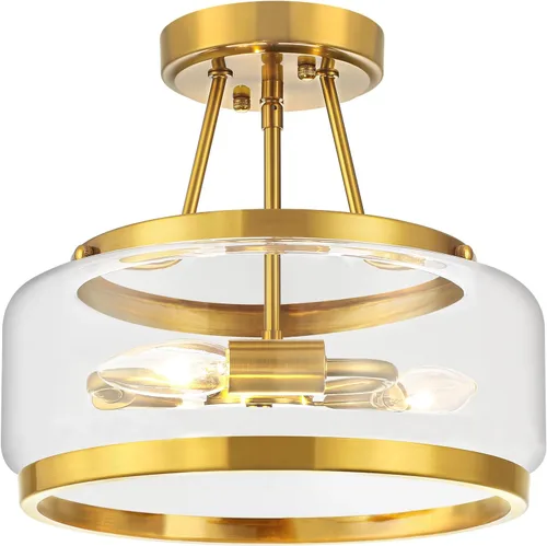Miniatura 9 de Lámpara de techo semiempotrada dorada de 11.81 pulgadas, moderna lámpara de techo de tambor de cristal, lámpara de techo de 3 luces para pasillo