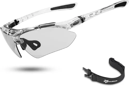 ROCKBROS Photochromic Sports Sunglasses Mens Pickleball Glasses Cycling Glasses MTB Sunglasses, with Removable Elasctic Band Gris