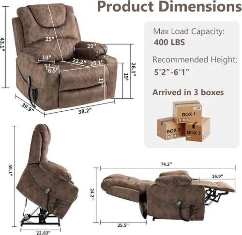Miniatura 3 de Silla reclinable eléctrica de gran tamaño para personas grandes y altas, silla reclinable eléctrica grande de 25 pulgadas con masaje y calefacción