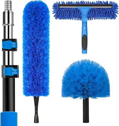 Kit de plumero de alto alcance de 20 pies con poste de extensión de 5 a 12 pies, plumero de telaraña con poste telescópico, escobilla de ventana con