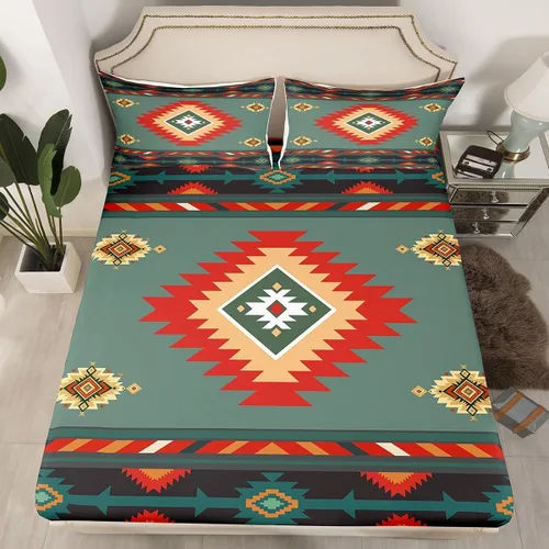 Miniatura 9 de Juego de sábanas bajeras de diseño nativo americano del suroeste para niños, niñas y adolescentes, juego de ropa de cama tribal para niños, niñas