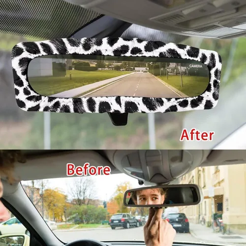 Miniatura 4 de Funda para espejo retrovisor de automóvil con estampado de vaca negro, protector de espejo retrovisor automático elástico