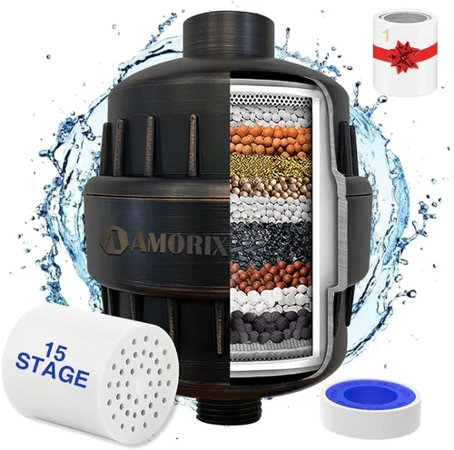 Miniatura 8 de Filtro de cabezal de ducha cromado de 15 etapas para agua dura, alto rendimiento, reduce el cloro, alivia la piel seca y la picazón del cuero Cromo