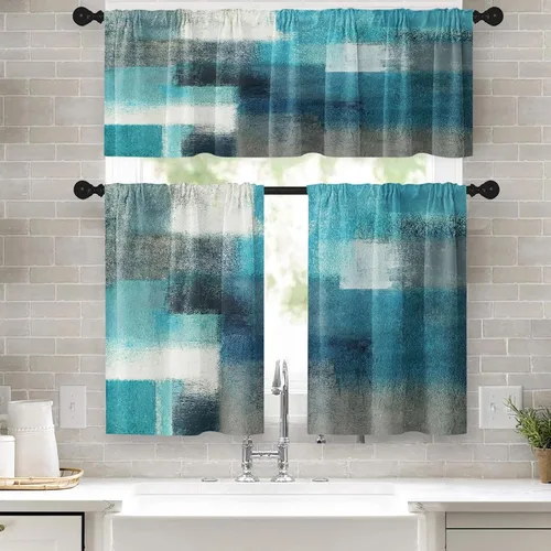 Cortinas turquesa para ventana de cocina, juego de cenefa y niveles de 36 pulgadas, color verde azulado, moderno con bolsillo para barra, cortinas
