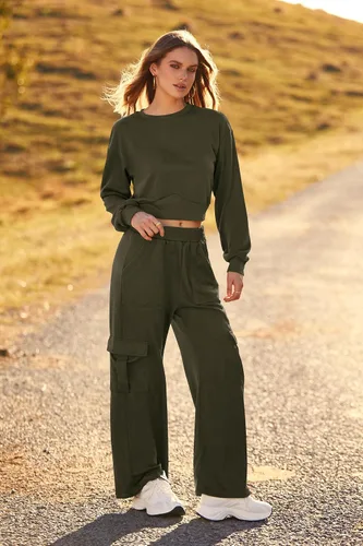 Miniatura 9 de PRETTYGARDEN Conjunto de 2 piezas de otoño para mujer, sudadera de manga larga, pantalones cargo de pierna ancha con bolsillos